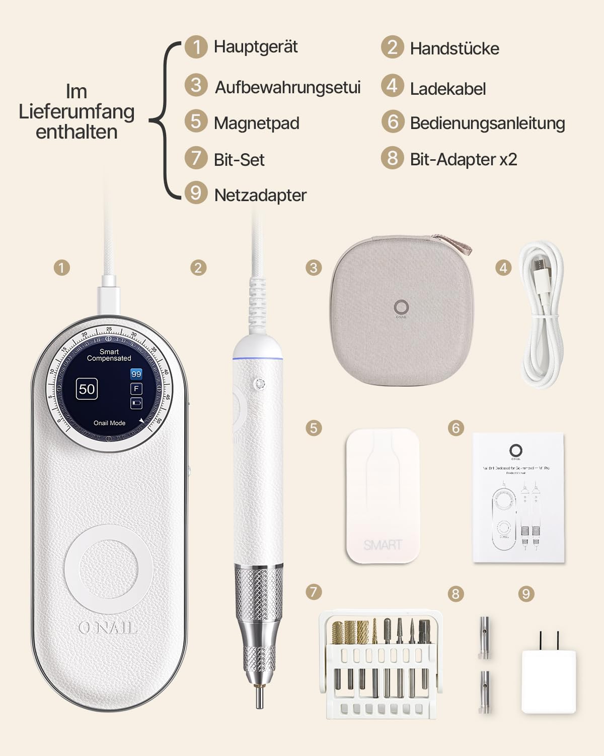Professionelle Elektrische Nagelfräser für Gelnägel - 1 Handstück - Kabellose Maniküre mit LCD & 50.000 U/min